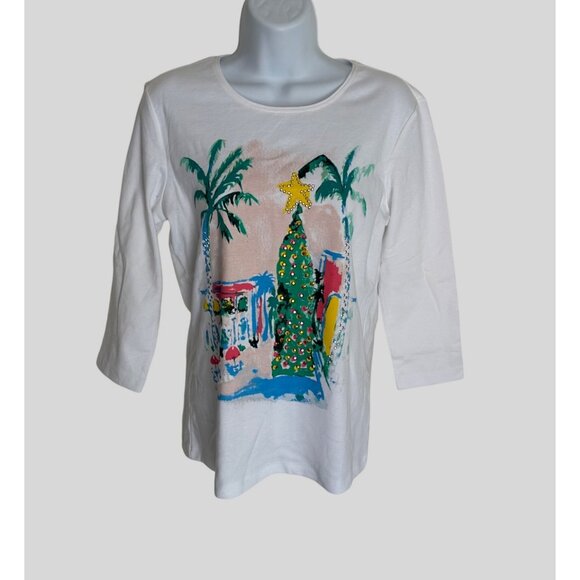 Karen Scott Tops - Karen Scott Women's Petite Christmas Graphic Tee Shirt Cotton Polyester White PP